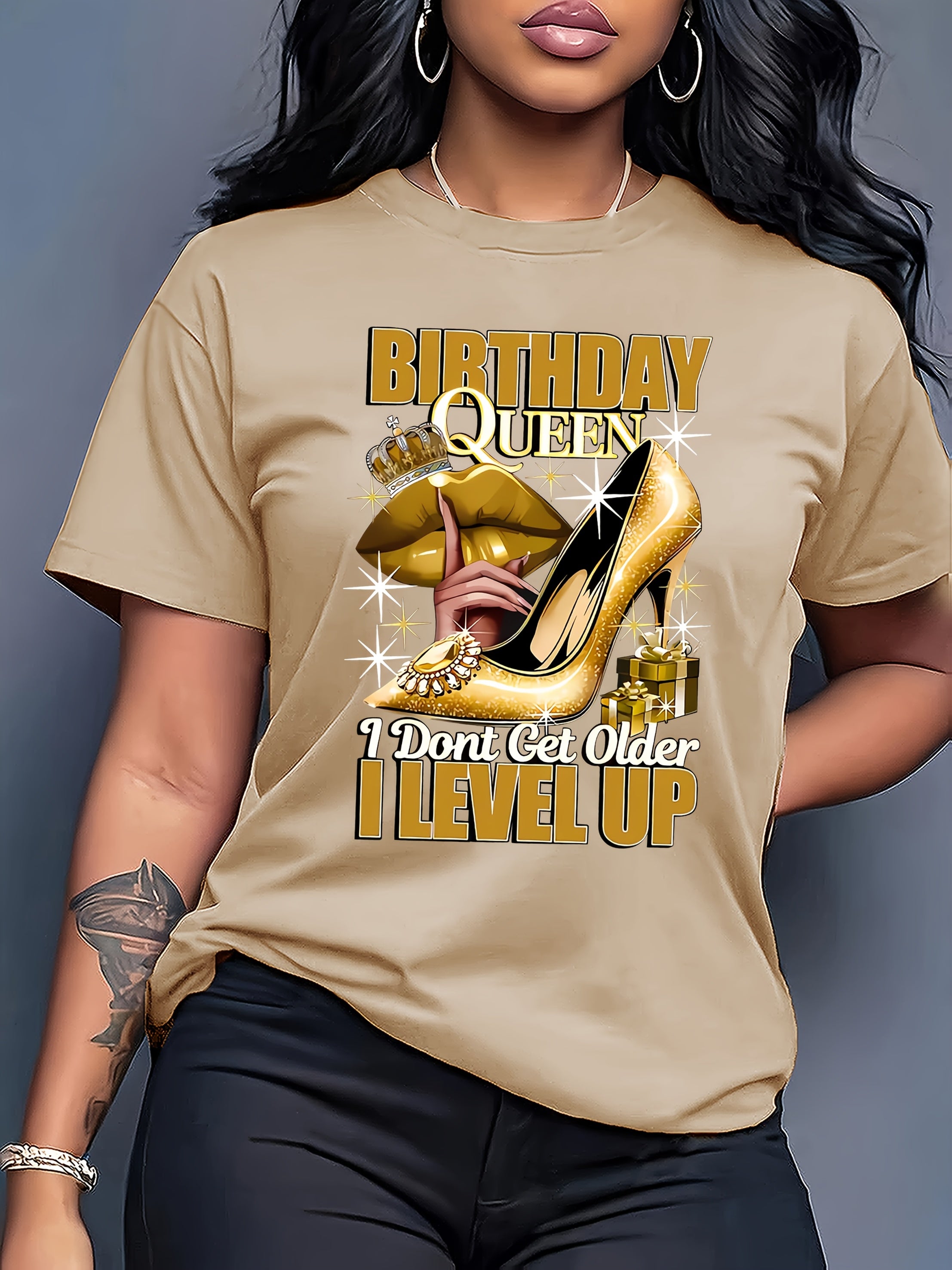 Birthday Queen Printed Women'S T-Shirt - Casual Crew Neck, Short Sleeve Top with High Heels & Crown Design, Perfect for Spring/Summer Celebrations, Birthday Party Apparel | Festive Design | Golden Crown Graphic, Birthday Part